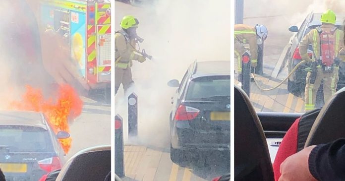 The car goes up in flames in front of frightened bus passengers in Hull

