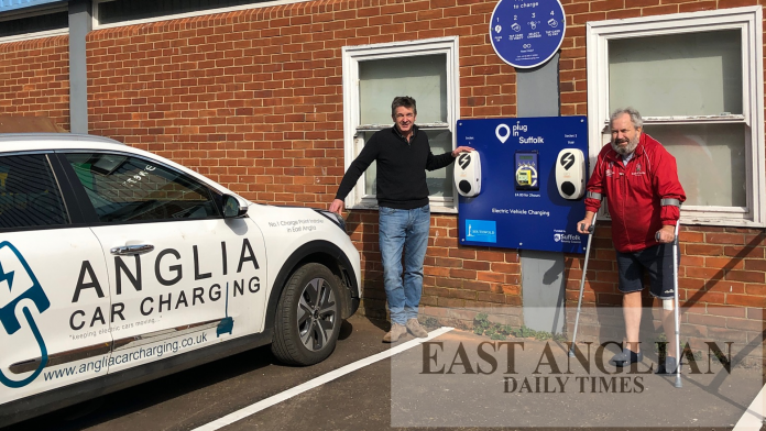 Southwold: Charging an electric car in front of the Adnams Brewery

