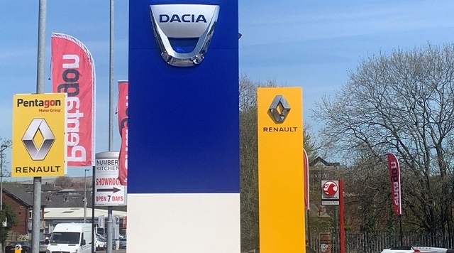 Signage outside Pentagon Motor Group’s Rochdale site on Queensway which now houses new Renault and Dacia franchises alongside the well-established Vauxhall operation
