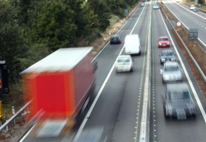 Traffic on the M2 after a truck and car accident between Sittingbourne and Faversham

