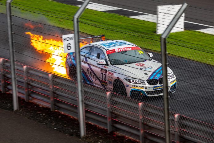 The team BRIT racing driver's car catches fire at the Britcar championship

