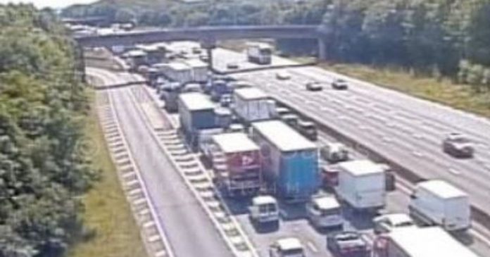 Traffic on the M1 Southbound near Tibshelf services caused by a crash on Tuesday, August 10.