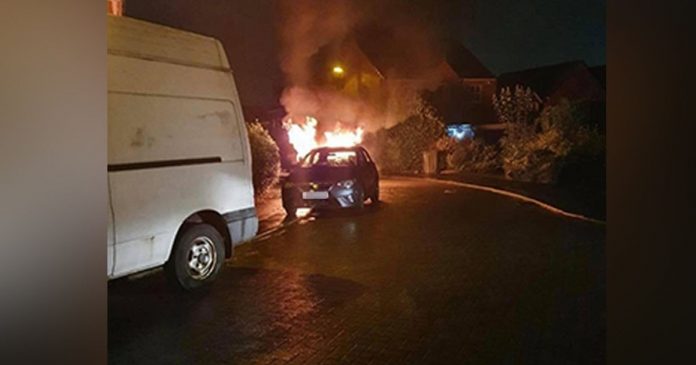 People are frightened when the car explodes in an alleged arson attack early in the morning

