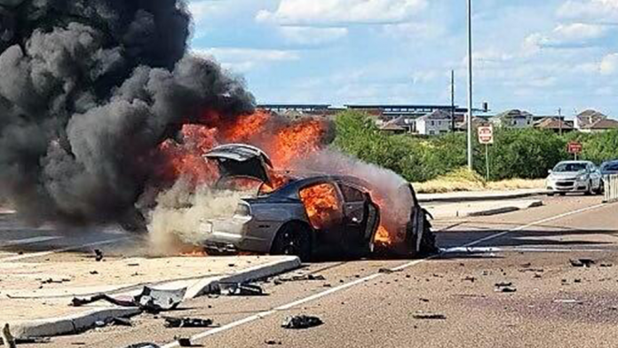 Car goes up in flames after a vehicle was tracked for suspected people smuggling

