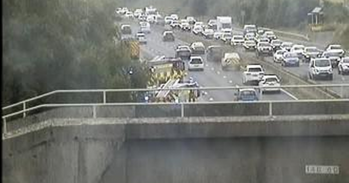 Traffic queueing on the M4 in Wiltshire following the car fire