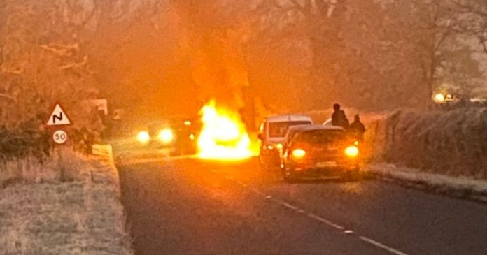 A vehicle fire on the B4011 led to road closures this morning