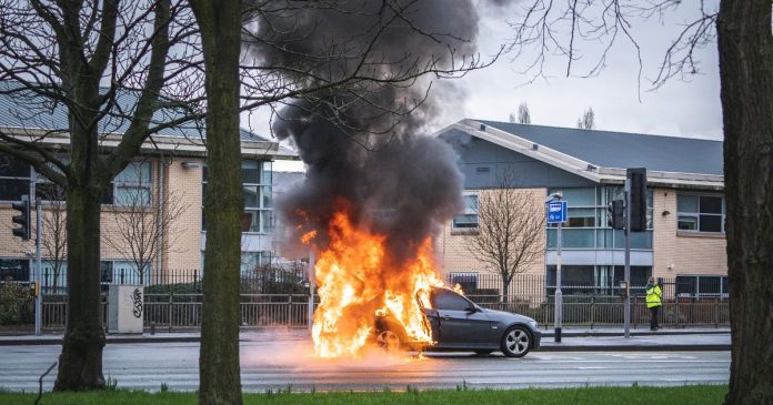 Car engulfed in flames on Princess Parkway as fire crews rush to scene
