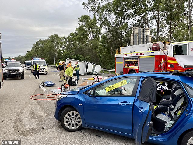 A serious accident at Coomera on the M1 Motorway (pictured) has sent seven people to hospital and caused hour-long delays for motorists on Friday morning