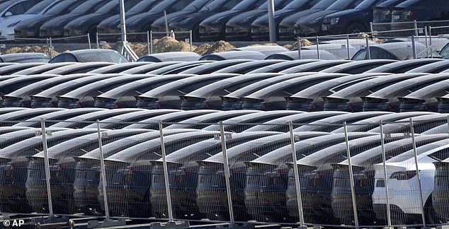 Tesla cars are parked at the new Tesla Gigafactory for electric cars