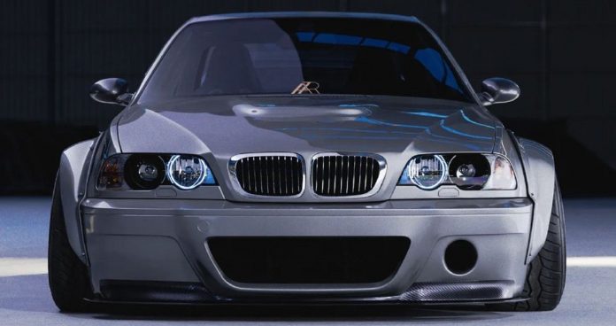 Custom BMW E46 render Ar.Visual_, silver, front profile closeup, dim garage